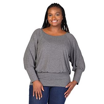Plus Size 24Seven Comfort Apparel Round Neck Blouson Sleeve Banded Hem Top