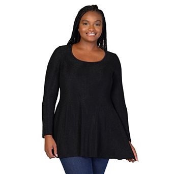 Plus Size 24Seven Comfort Apparel Scoopneck Shimmery Long Sleeve Tunic Top