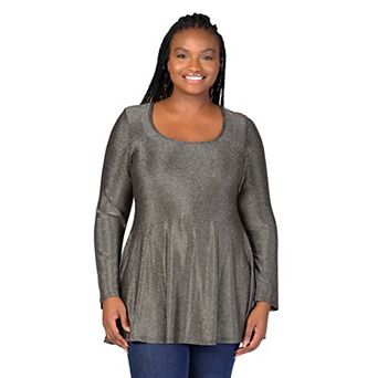 Plus Size 24Seven Comfort Apparel Scoopneck Shimmery Long Sleeve Tunic Top