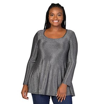 Plus Size 24Seven Comfort Apparel Scoopneck Shimmery Long Sleeve Tunic Top