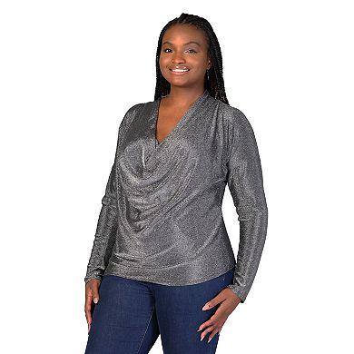 Plus Size 24Seven Comfort Apparel Shimmery Cowlneck Long Sleeve Tunic Top