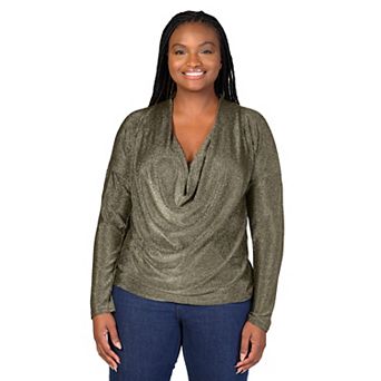 Plus Size 24Seven Comfort Apparel Shimmery Cowlneck Long Sleeve Tunic Top