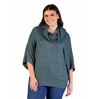 Plus Size 24Seven Comfort Apparel Heathered Cowlneck Dolman Sleeve Sweater