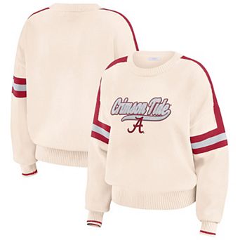 Women's WEAR by Erin Andrews Cream Alabama Crimson Tide Chenille Woven Patch Stripe Pullover Sweater