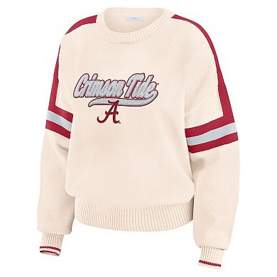 Women's WEAR by Erin Andrews Cream Alabama Crimson Tide Chenille Woven Patch Stripe Pullover Sweater