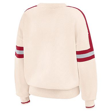Women's WEAR by Erin Andrews Cream Alabama Crimson Tide Chenille Woven Patch Stripe Pullover Sweater
