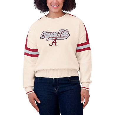 Women's WEAR by Erin Andrews Cream Alabama Crimson Tide Chenille Woven Patch Stripe Pullover Sweater