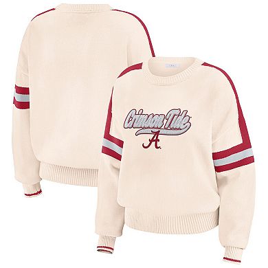 Women's WEAR by Erin Andrews Cream Alabama Crimson Tide Chenille Woven Patch Stripe Pullover Sweater