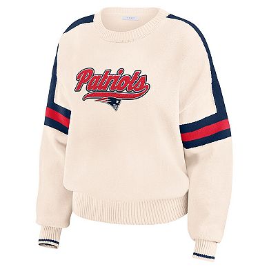 Women's WEAR by Erin Andrews Cream New England Patriots Stripe Pullover Sweater