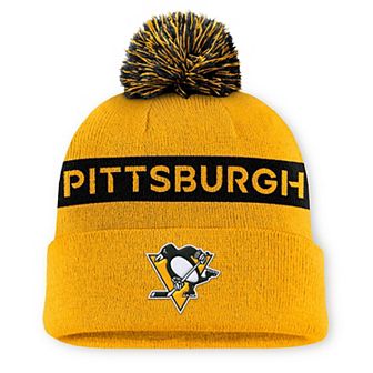 Women's Fanatics Gold/Black Pittsburgh Penguins Authentic Pro Rink Cuffed Knit Hat with Pom