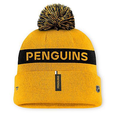 Women's Fanatics Gold/Black Pittsburgh Penguins Authentic Pro Rink Cuffed Knit Hat with Pom
