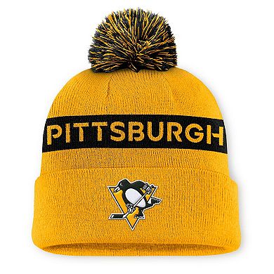 Women's Fanatics Gold/Black Pittsburgh Penguins Authentic Pro Rink Cuffed Knit Hat with Pom