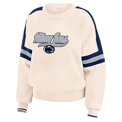 Women's WEAR by Erin Andrews Cream Penn State Nittany Lions Chenille Woven Patch Stripe Pullover Sweater