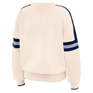 Women's WEAR by Erin Andrews Cream Penn State Nittany Lions Chenille Woven Patch Stripe Pullover Sweater