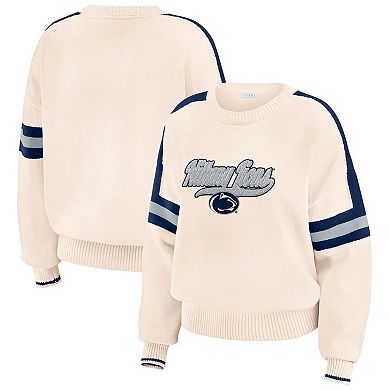 Women's WEAR by Erin Andrews Cream Penn State Nittany Lions Chenille Woven Patch Stripe Pullover Sweater