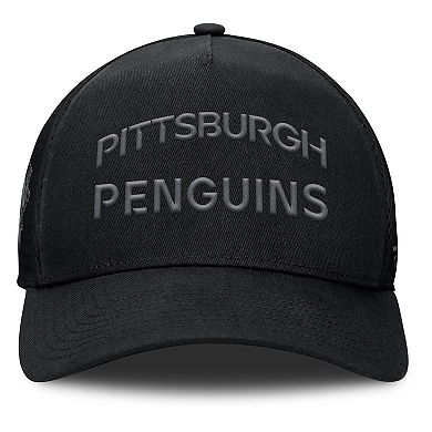 Men's Fanatics Black Pittsburgh Penguins Authentic Pro Road Stack Text A-Frame Adjustable Hat