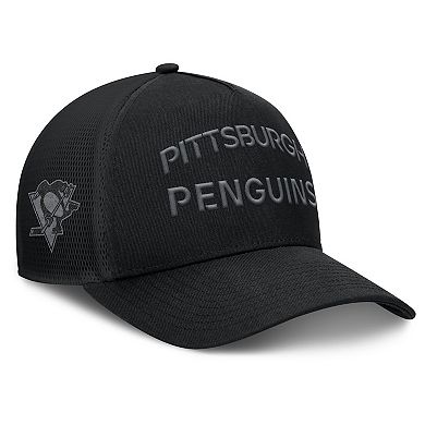 Men's Fanatics Black Pittsburgh Penguins Authentic Pro Road Stack Text A-Frame Adjustable Hat