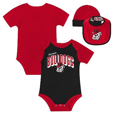 "Newborn & Infant Georgia Bulldogs Dynamic Duo Bodysuit, Bib & Cuffed Knit Hat Set"