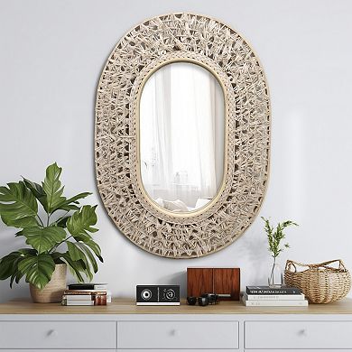 Parisloft Boho Oval Rattan Wall Mirror for Living Room Bathroom - 24.5 x 34.4 Inch