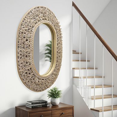 Parisloft Boho Oval Rattan Wall Mirror for Living Room Bathroom - 24.5 x 34.4 Inch