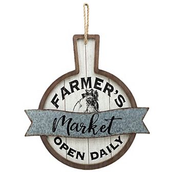 Parisloft Farmer's Market Open Daily Wood and Metal Wall Sign, Rustic Farmhouse Wall Decor