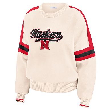 Women's WEAR by Erin Andrews Cream Nebraska Huskers Chenille Woven Patch Stripe Pullover Sweater