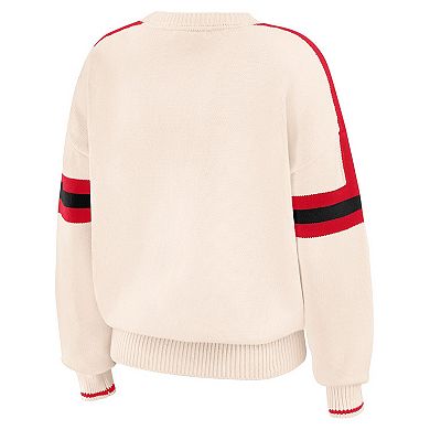 Women's WEAR by Erin Andrews Cream Nebraska Huskers Chenille Woven Patch Stripe Pullover Sweater