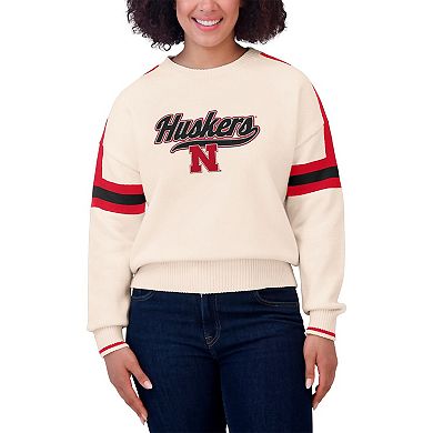Women's WEAR by Erin Andrews Cream Nebraska Huskers Chenille Woven Patch Stripe Pullover Sweater