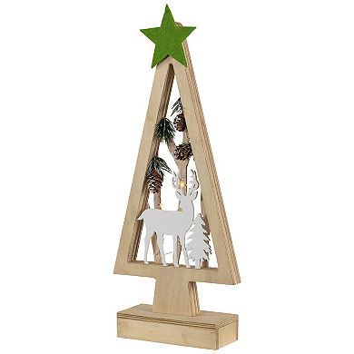 Northlight 15" Lighted Wooden Christmas Tree with Reindeer Table Decor