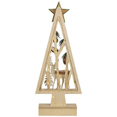 Northlight 15" Lighted Wooden Christmas Tree with Reindeer Table Decor