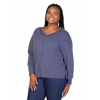 Plus Size 24Seven Comfort Apparel Relaxed Fit Ribbed Knit V-Neck Sweater