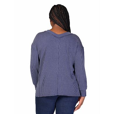 Plus Size 24Seven Comfort Apparel Relaxed Fit Ribbed Knit V-Neck Sweater
