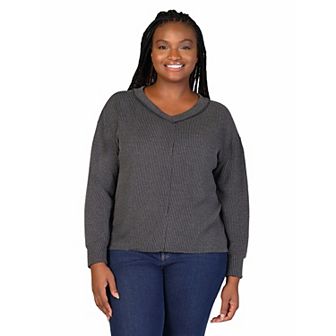 Plus Size 24Seven Comfort Apparel Relaxed Fit Ribbed Knit V-Neck Sweater
