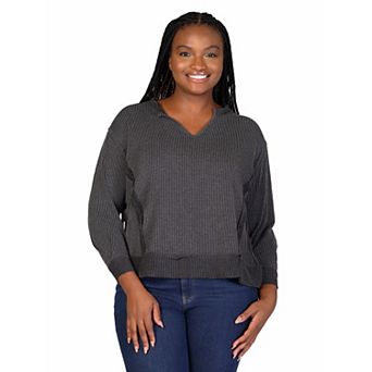 Plus Size 24Seven Comfort Apparel Relaxed Fit Ribbed Knit V-Neck Sweatshirt