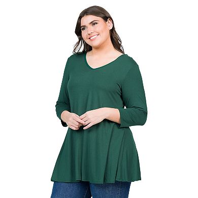 Plus Size 24Seven Comfort Apparel Quarter Sleeve V-Neck Tunic Top
