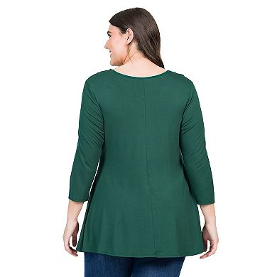 Plus Size 24Seven Comfort Apparel Quarter Sleeve V-Neck Tunic Top