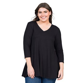 Plus Size 24Seven Comfort Apparel Quarter Sleeve V-Neck Tunic Top