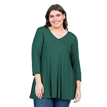 Plus Size 24Seven Comfort Apparel Quarter Sleeve V-Neck Tunic Top