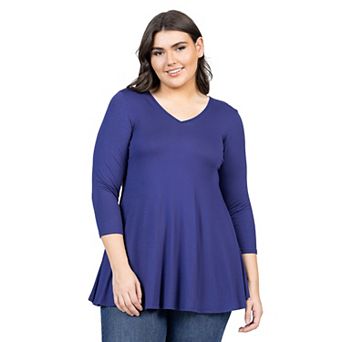 Plus Size 24Seven Comfort Apparel Quarter Sleeve V-Neck Tunic Top