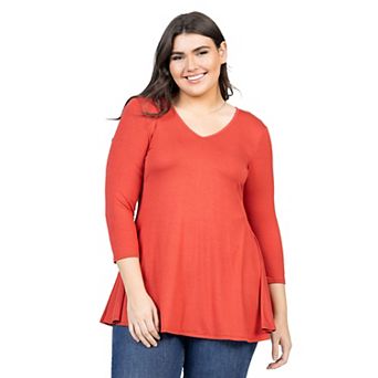 Plus Size 24Seven Comfort Apparel Quarter Sleeve V-Neck Tunic Top