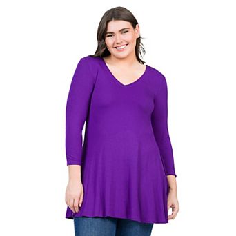 Plus Size 24Seven Comfort Apparel Quarter Sleeve V-Neck Tunic Top