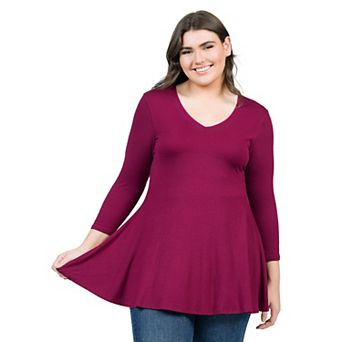 Plus Size 24Seven Comfort Apparel Quarter Sleeve V-Neck Tunic Top