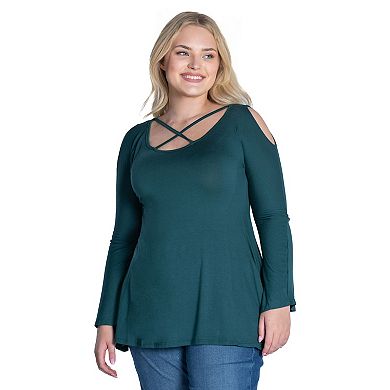 Plus Size 24Seven Comfort Apparel Long Sleeve Criss Cross Cold Shoulder Top