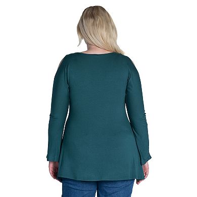 Plus Size 24Seven Comfort Apparel Long Sleeve Criss Cross Cold Shoulder Top