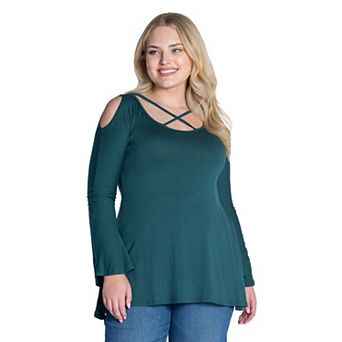 Plus Size 24Seven Comfort Apparel Long Sleeve Criss Cross Cold Shoulder Top