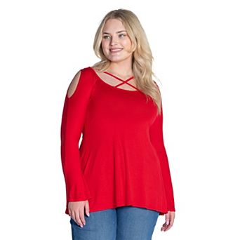 Plus Size 24Seven Comfort Apparel Long Sleeve Criss Cross Cold Shoulder Top
