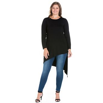 Plus Size 24Seven Comfort Apparel Long Sleeve Knee Length Asymmetrical Tunic Top