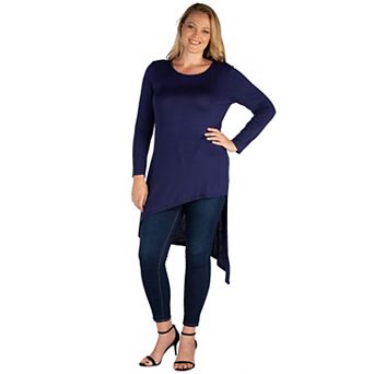 Plus Size 24Seven Comfort Apparel Long Sleeve Knee Length Asymmetrical Tunic Top