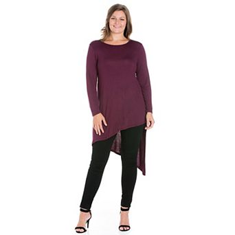 Plus Size 24Seven Comfort Apparel Long Sleeve Knee Length Asymmetrical Tunic Top
