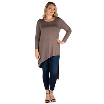 Plus Size 24Seven Comfort Apparel Long Sleeve Knee Length Asymmetrical Tunic Top